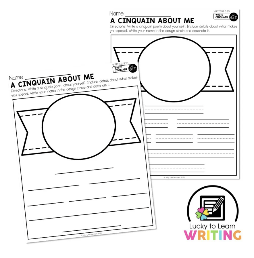 Black and white printable template for a Cinquain poem, perfect for 2nd-grade students, titled 'A Cinquain About Me,' with space for a drawing and lines for writing details about the student. A great poetry activity for second grade.